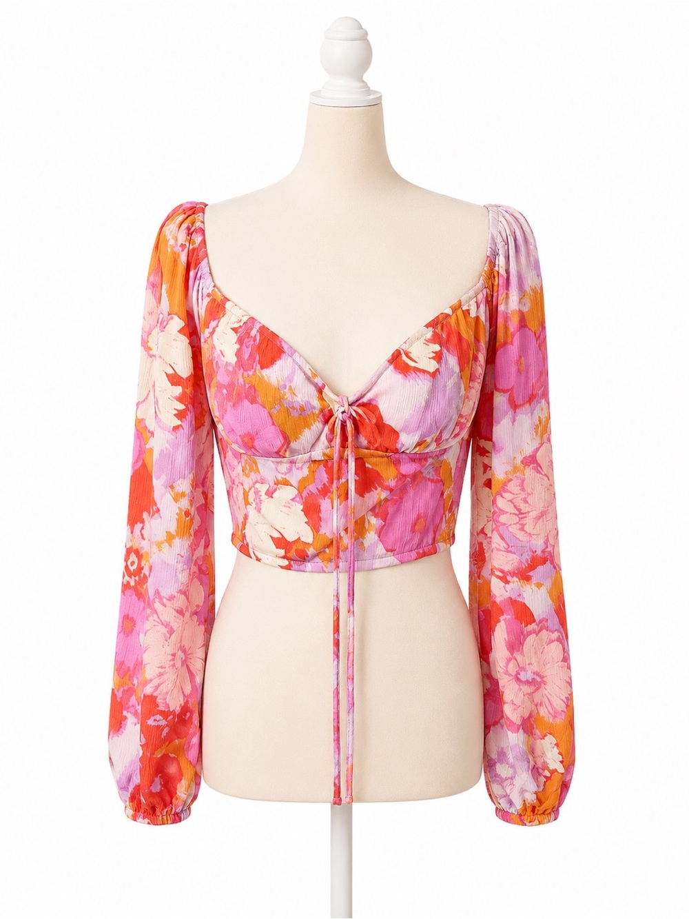 Endless Blu Floral Crop Top Women’s Large Puff Sleeve Tie Front Smocked Back
